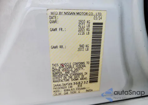 2014 Nissan Altima 2.5 S z USA, uszkodzony, nr VIN 1N4AL3AP5EN368232